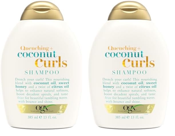 OGX Quenching + Coconut, Curl-Defining Shampoo, Hydrating & Nourishing Curly Hair Shampoo with Coconut Oil, Citrus Oil & Honey, Paraben, Sulfate-Free Surfactants, 13 floz (Pack of 2)
