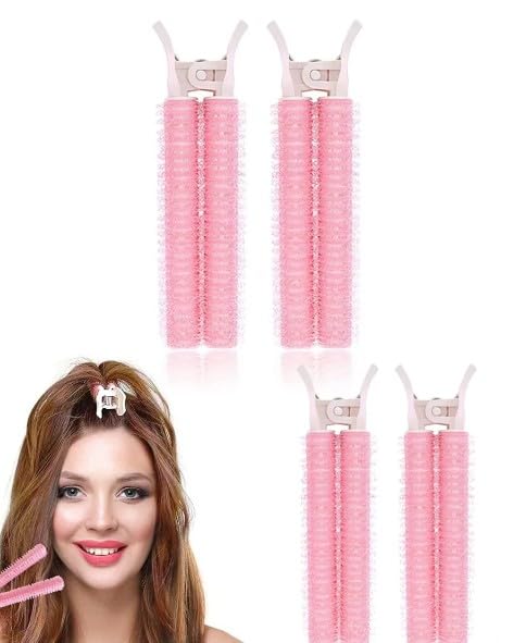 4Pcs Pink Hair Rollers with Clip,Portable Hair Volume Clip,Volumizing Hair Root Clips,Bangs Curler DIY Hair,Styling Accessories,Self Grip Volume Root Rollers,Styling Tools and Appliances