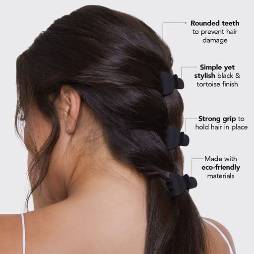 Kitsch Recycled Plastic Mini Hair Clips for Women - Tortoise & Black Claw Clips for Thin Hair, 6 pcs