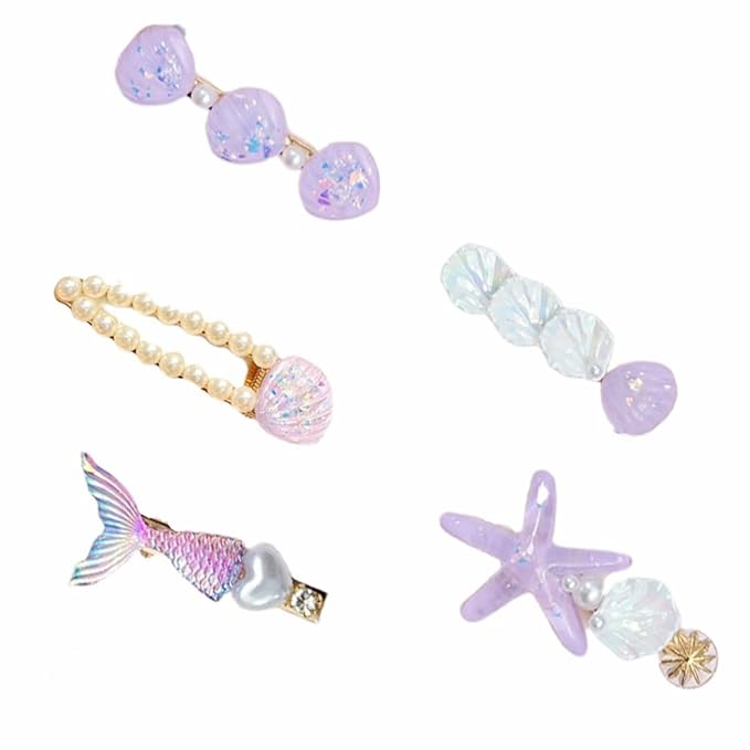 5 Pcs Starfish Seashell Hair Clips Mermaid Costume Pearl Beach Ocean Hair Accessories Women and Girls (Purple)