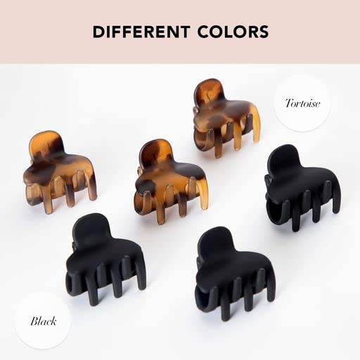 Kitsch Recycled Plastic Mini Hair Clips for Women - Tortoise & Black Claw Clips for Thin Hair, 6 pcs
