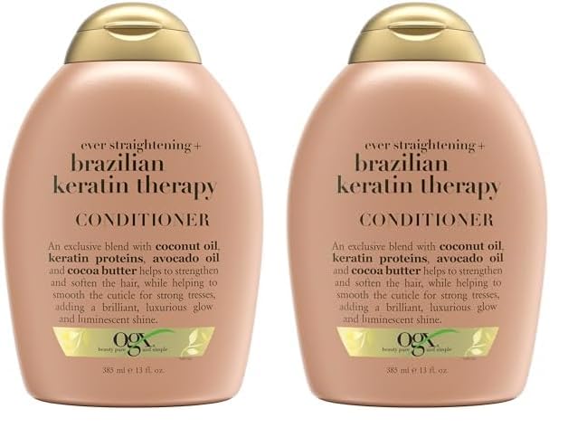 OGX Ever Straightening + Brazilian Keratin Therapy Hair-Smoothing Conditioner with Coconut Oil, Cocoa Butter & Avocado Oil, Paraben-Free, Sulfate-Free Surfactants, 13 Fl Oz (Pack of 2)