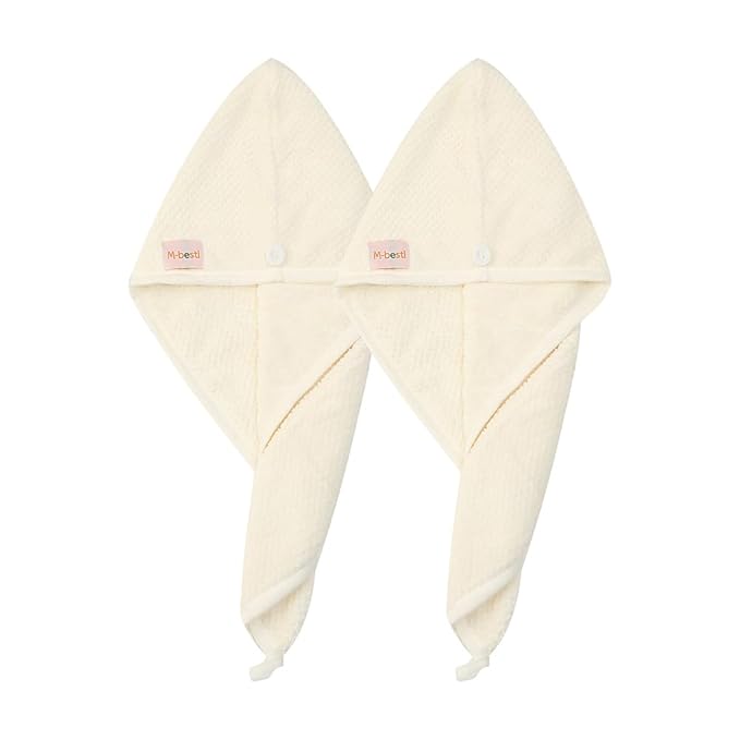 2 Pack Microfiber Hair Towel Wrap,Hair Drying Towel with Button, Absorbent and Soft,Anti-frizz Head Towel to Dry Hair Quickly(Beige&Beige)