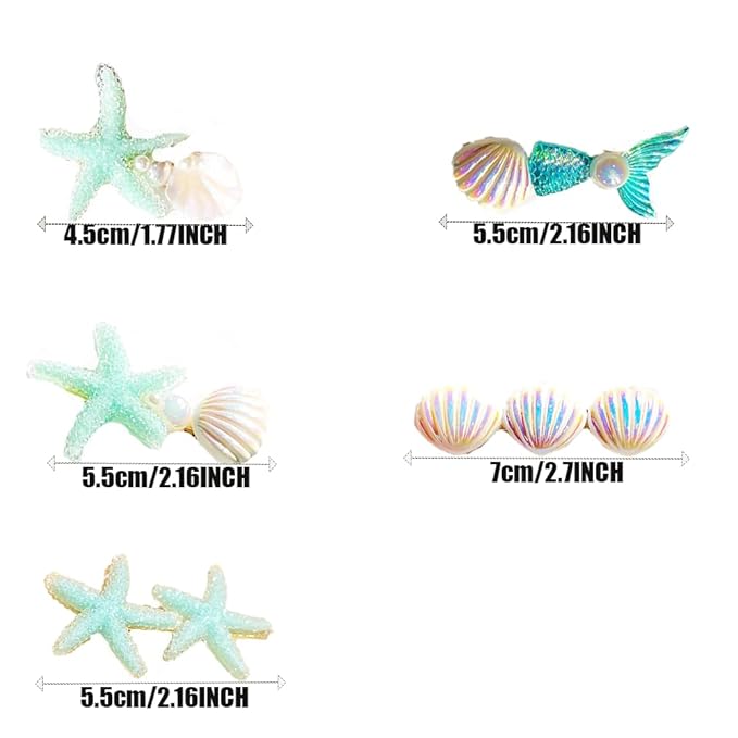 5 Pcs Starfish Seashell Hair Clips Mermaid Costume Pearl Beach Ocean Hair Accessories Women and Girls (Green)