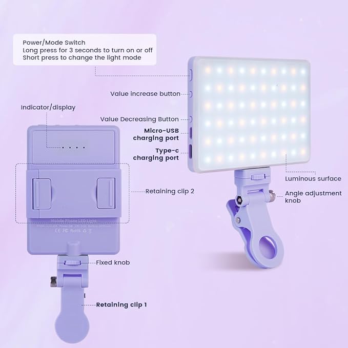 Inspack 60 LED Selfie Light for iPhone, with Back Clip & Front, Portable Phone Clip for Tiktok Video Recording, Zoom Calls Lighting Computer, High Power Rechargeable with 3 Light Modes, Purple