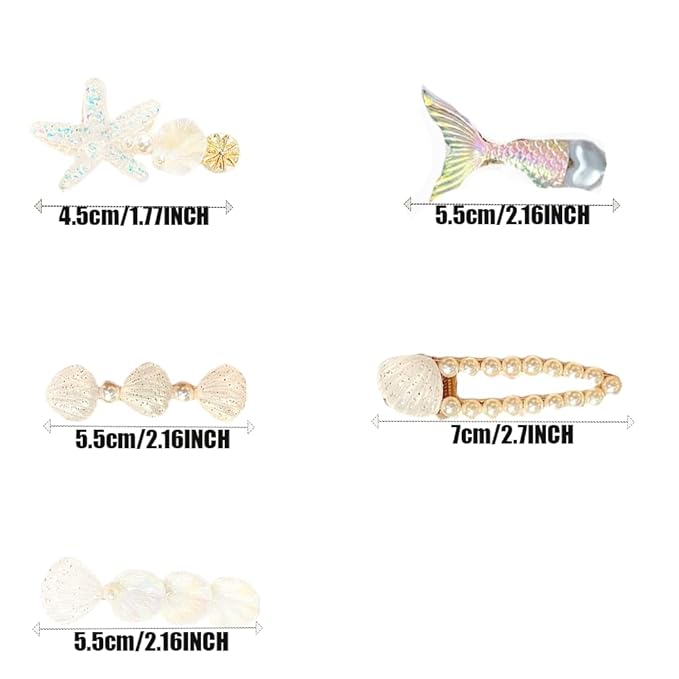 5 Pcs Starfish Seashell Hair Clips Mermaid Costume Pearl Beach Ocean Hair Accessories Women and Girls (White)