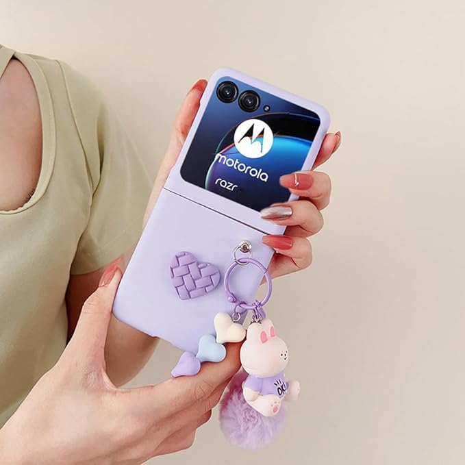 for Motorala Razr Plus 2024 Case Cute Plush Rabbit Toy Phone Charm Design,Razr+ 2024 Phone Case Frosted PC Back Soft Silicone Bumper Shockproof Girly Cover for Moto Razr+ 2024 with Ring Holder Purple