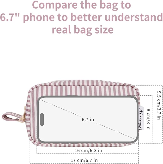 Narwey Small Makeup Bag for Purse Travel Makeup Pouch Mini Cosmetic Bag Zipper Pouch for Women (Dusty Rose Stripe, Small)