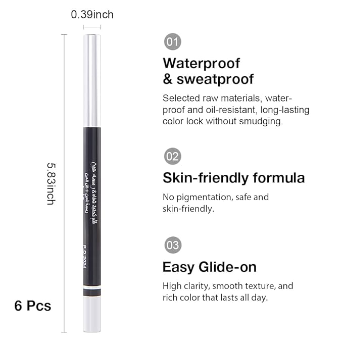 6PCS Automatic Waterproof Inner Eyeliner, Eyeshadow & Eyebrow Pencil – Multi-Use Cream Pen for Liner, Shadow & Brows (Black2)