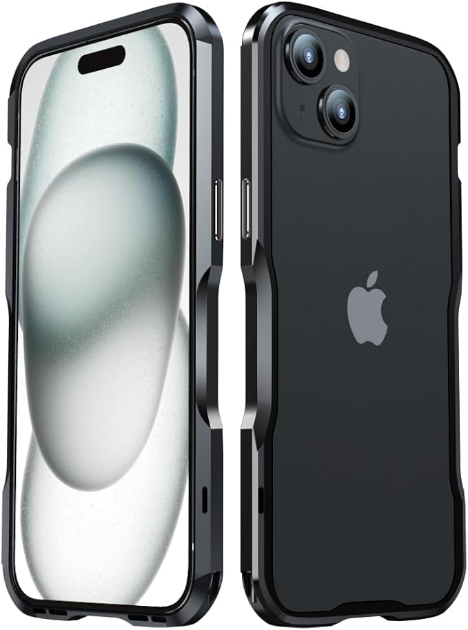 HENGHUI Aluminum Bumpers for iPhone 15 Plus Bumper Case with Strap Hole Metal Frame Bumper Cover Shock Absorbent Slim Cool Design (Black)