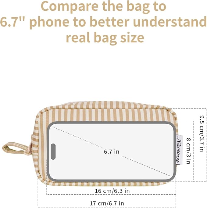 Narwey Small Makeup Bag for Purse Travel Makeup Pouch Mini Cosmetic Bag Zipper Pouch for Women (Brown Stripe, Small)