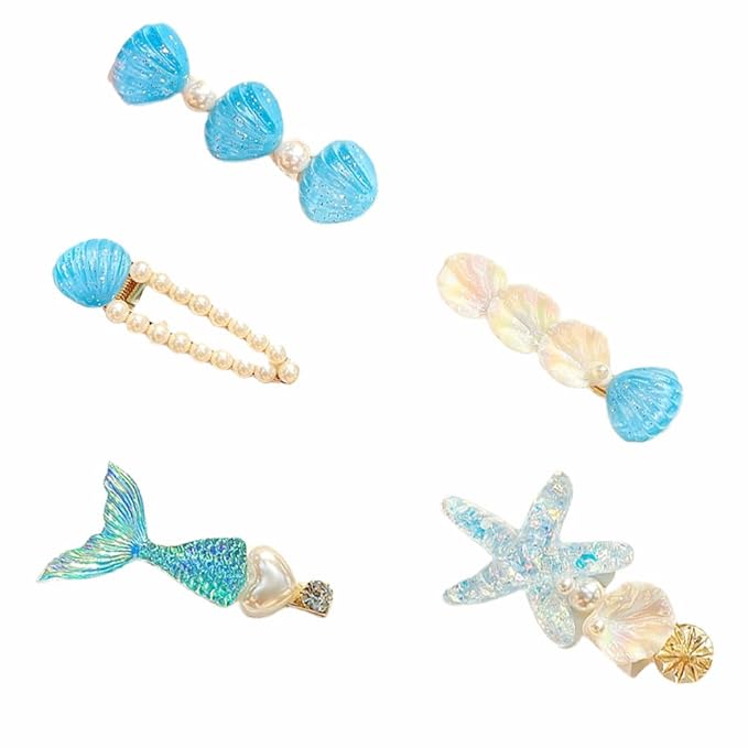 5 Pcs Starfish Seashell Hair Clips Mermaid Costume Pearl Beach Ocean Hair Accessories Women and Girls (Blue)