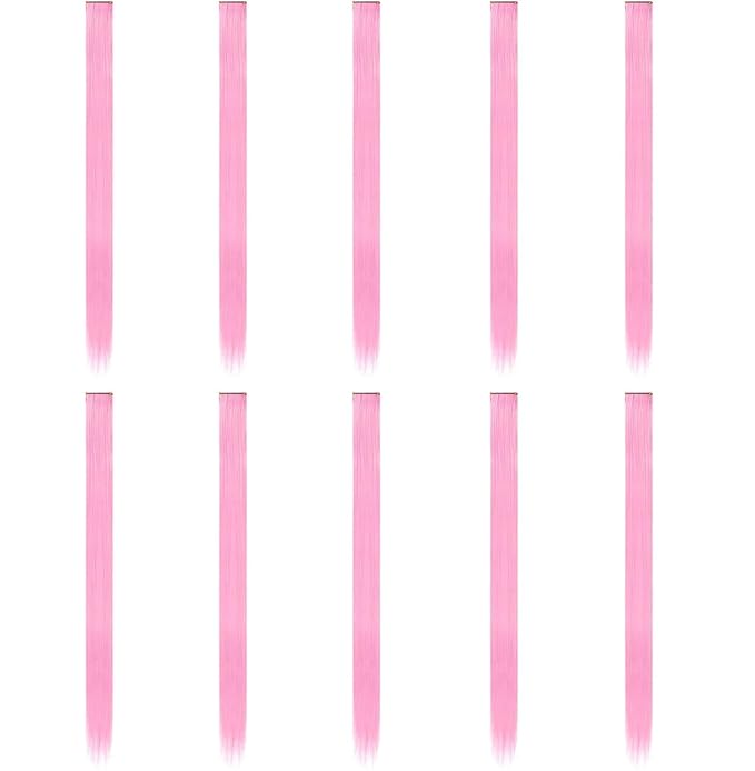 Ozzwolle 12 PCS Pink Hair Extensions Clip in, Party Highlights Clip in Hair Extensions 22 Inch Long Straight Hairpieces for Girls Kids Women Favor Gifts (Pink)