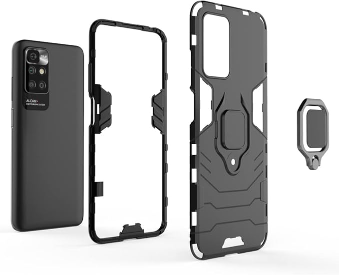 Ytaland for Xiaomi Redmi 10 Case,with 2 x Tempered Glass Screen Protector. (3 in 1) Shockproof Bumper Defender Protective Phone Cover with Ring Kickstand (Black)