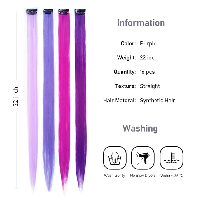 16Pcs Purple Colored Clip in Hair Extension Multi-colors Party Highlights Clip on Synthetic Hairpiece Halloween Cosplay Party Christmas Gift for Women Kids Girls 20inch (MIX Purple)
