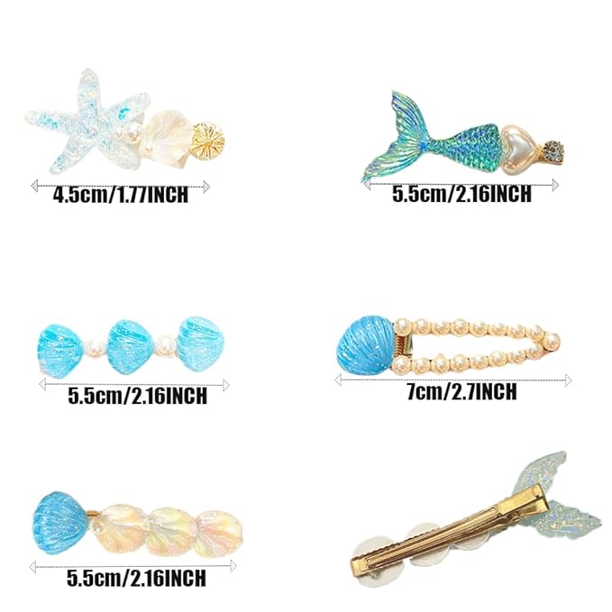 5 Pcs Starfish Seashell Hair Clips Mermaid Costume Pearl Beach Ocean Hair Accessories Women and Girls (Blue)