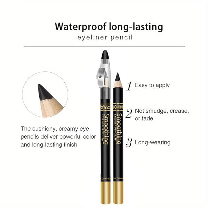 6 Pcs Black Eye liner Pen Set with Sharpener, Wooden Voluminous Smoldering Eye liner, Smooth Creamy Matte Tattoo Pencils for Women,Hairline Eyebrow Makeup (6Pcs-Smooth Creamy Black Sticks)
