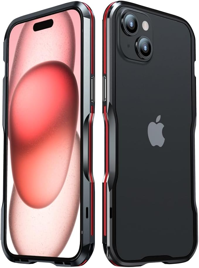 HENGHUI Aluminum Bumpers for iPhone 15 Pro Max Bumper Case with Strap Hole Metal Frame Bumper Cover Shock Absorbent Slim Cool Design (Black+Red)