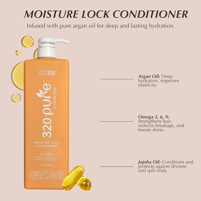 320Pure Moisture Lock Conditioner 32oz, Hydrating, Moisturizing Hair Conditioner for Women & Men, Sulfate-Free, Keratin & Argan Oil Formula for Color-Treated, Damaged, Dry, Straight and Curly Hair