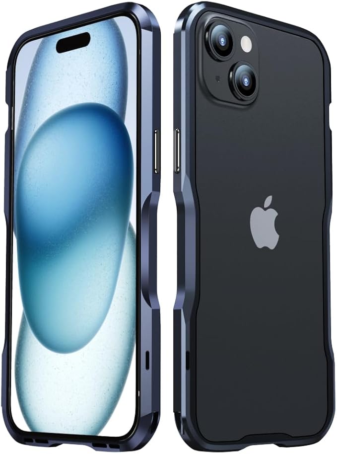 HENGHUI Aluminum Bumpers for iPhone 15 Bumper Case with Strap Hole Metal Frame Bumper Cover Shock Absorbent Slim Cool Design (Blue)