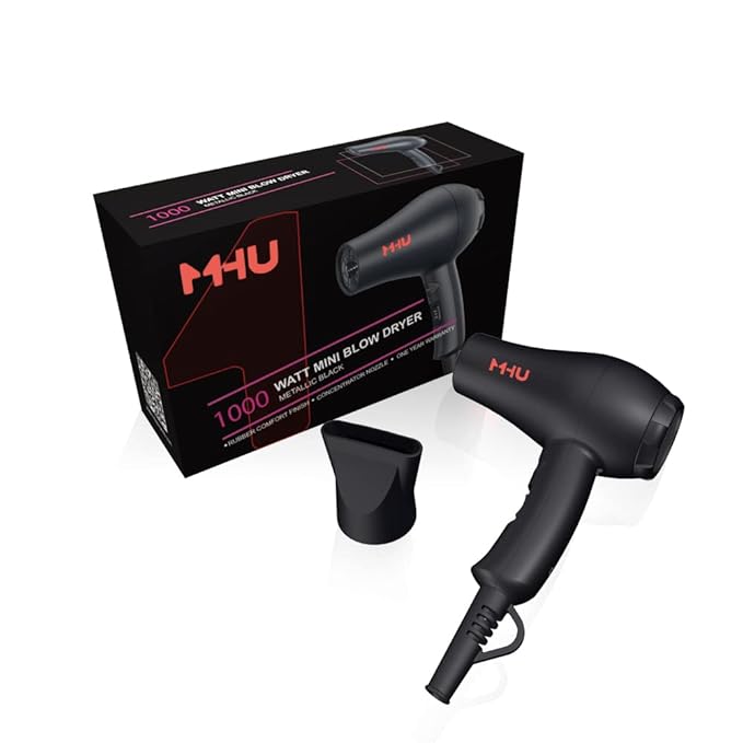 Mini Travel Hair Dryer 1000 Watts for RV & Pouring Art Lightweight Ceramic Ionic Blow Dryer Compact Size Plus Concentrator Black