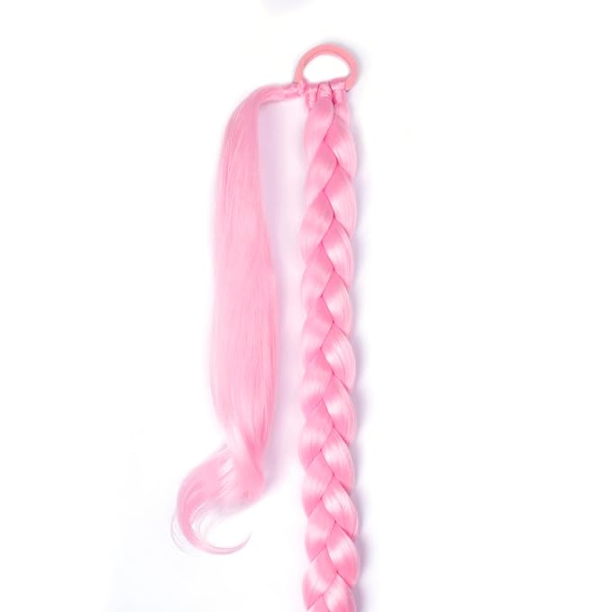 2 Pack Pink Long Braided Ponytail Extension with Hair Tie Straight Wrap Around Hair Extensions Ponytail Natural Soft Synthetic Hair Piece for Women