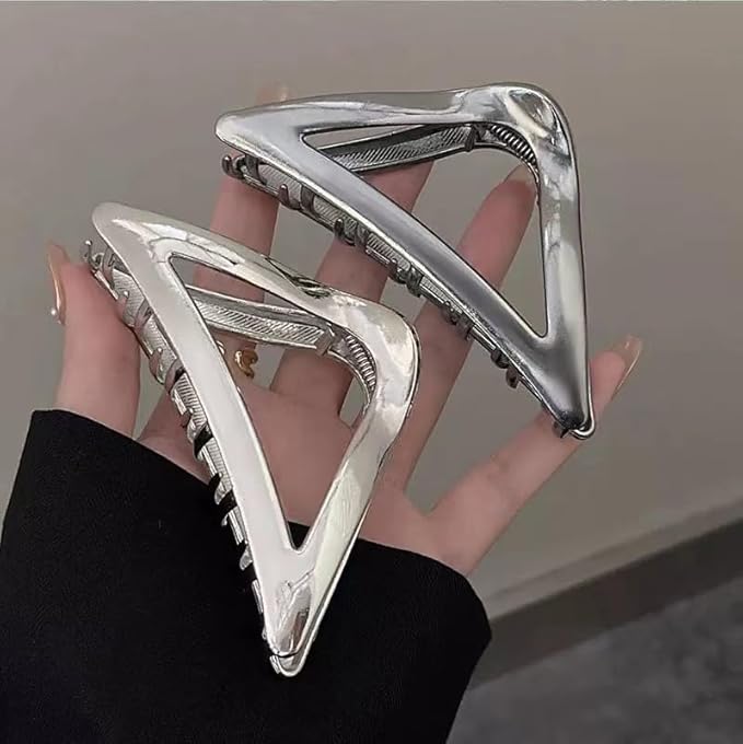 2Pcs Hair Clips, Triangular Hair Claw Clips, Metal Hair Clips, 4inch Exquisite Silver Geometry Designs Hair Jaw Clips for Hair Accessories for Women Girls Gift