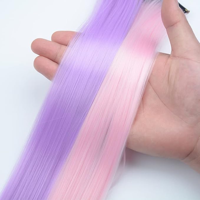 16Pcs Kids Purple Color Clip in Hair Extensions 20inch Colored Party Clip on in Hairpieces Ombre Purple Synthetic Colorful Straight Multi-Colors Hair Streak for Girls(Light Pink+light Purple)