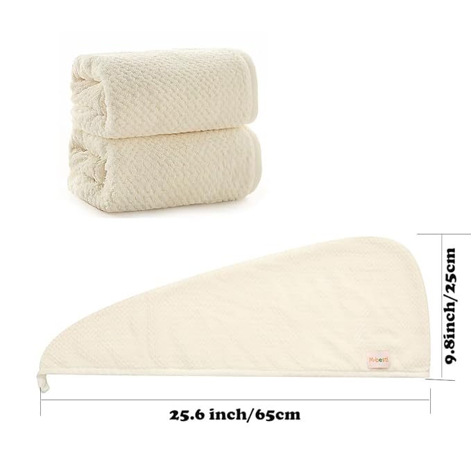 2 Pack Microfiber Hair Towel Wrap,Hair Drying Towel with Button, Absorbent and Soft,Anti-frizz Head Towel to Dry Hair Quickly(Beige&Beige)