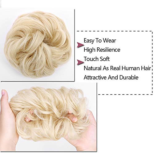 MORICA 1PCS Messy Hair Bun Hair Scrunchies Extension Curly Wavy Messy Bun Synthetic Chignon Hairpieces for Women(24/613#(Pale Ash Blonde Mix Bleach Blonde))