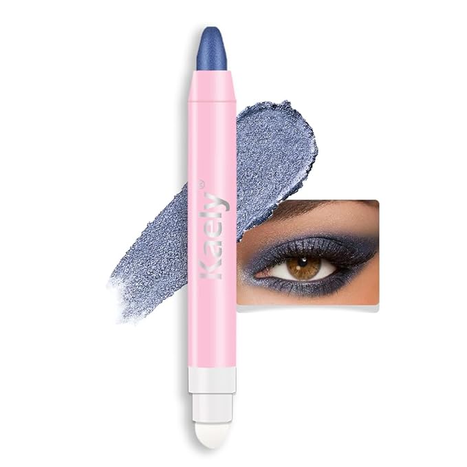 2-in-1 Cream Eyeshadow & Highlighter Stick, Waterproof Dark Blue Shimmer Eye Shadow Pencil for Women, Long-Lasting Pigmented Makeup, sombras para ojos 27