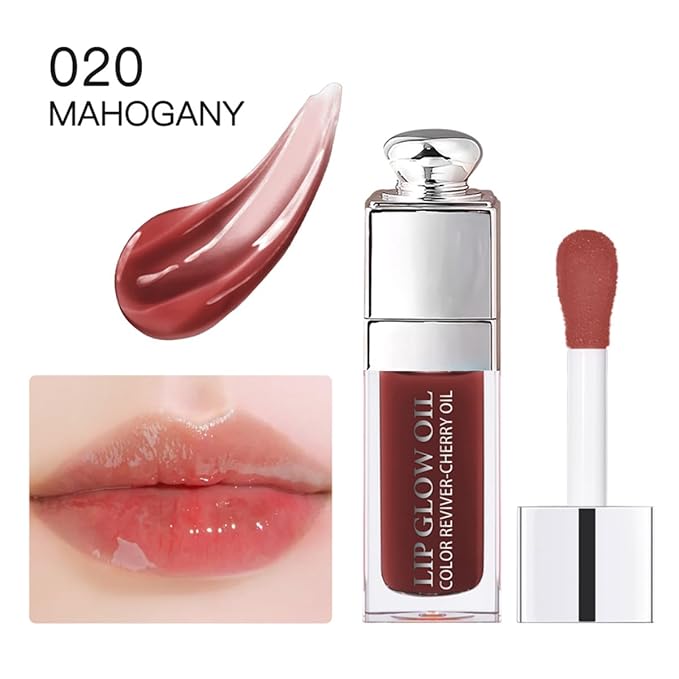 2PCS Hydrating Lip Glow Oil, Lip Oil Gloss Transparent Toot Tinted Nourishing Long Lasting Repairing Lightening Lip Lines (MAHOGANY) 0.2 OZ