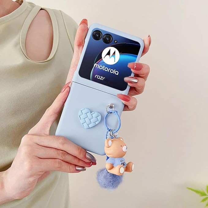Moto Razr Plus 2024 Case - Plush Bear Toy Phone Charm Design, Frosted PC Back Soft Silicone Bumper Shockproof Girly Cover With Ring Holder - Blue