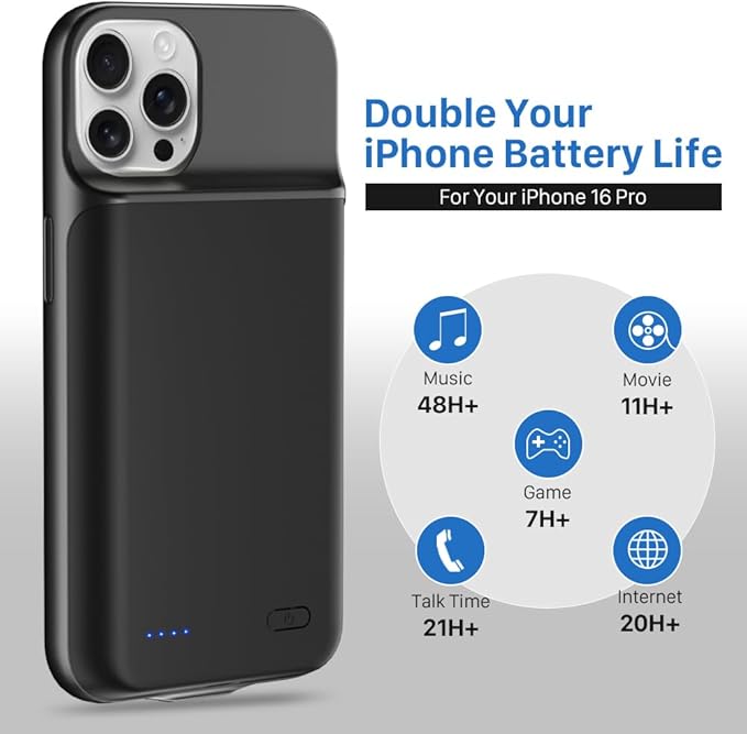 2025 Battery Charging Case for iPhone 16 Pro, Powerful 7000mAh Portable Rechargeable Charger for iPhone 16 Pro (Black)