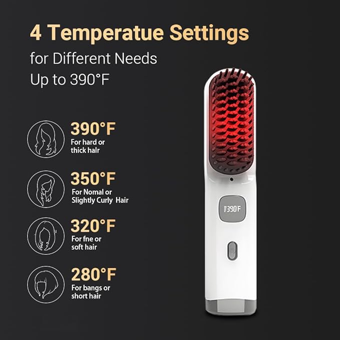 Cordless Hair Straightener Brush Portable on The go Comb for Travel 30s Fast Heating USB Rechargeable Dual Power Supply LCD Display with Pouch (White)