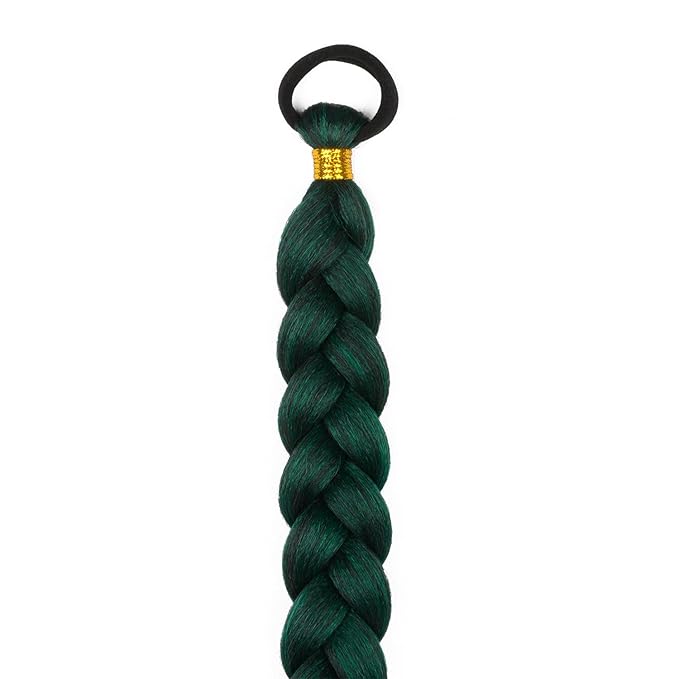 2 Pack Braid Ponytail Extension with Elastic Tie Straight Sleek Wrap Around Braid Wig Ponytail Green gradient 26 Inch (Dark green/green)