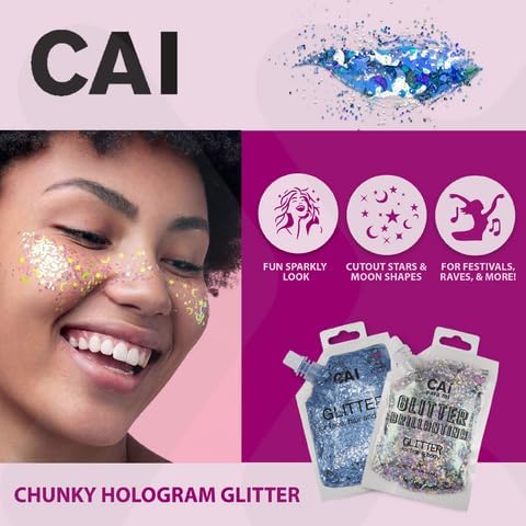 Hair Glitter Gel; Body Glitter & Face Glitter for Women/Kids(6 Pc Unicorn Bundle) Chunky Iridescent Holograph Stars & Moon Bag, Roll-On Body, Body Spray, Body Jewels, 10 Color Eye, Eyelashes