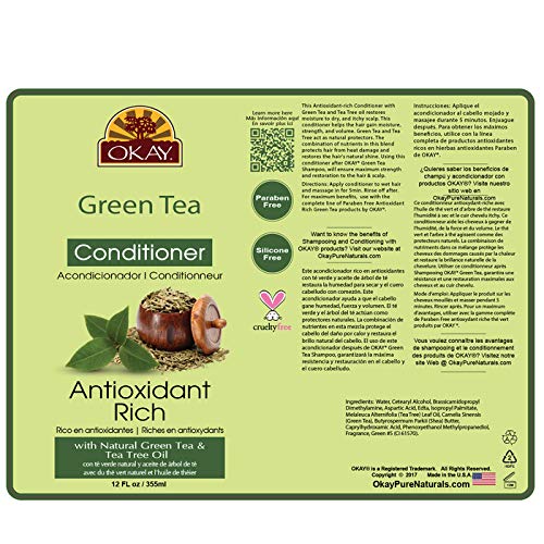 OKAY | Green Tea Nourishing Antioxidant Rich Conditioner | For All Hair Types & Textures | Revitalize - Rejuvenate - Restore | With Tea Tree Oil | Free of Paraben, Silicone, Sulfate | 12 oz , pale green