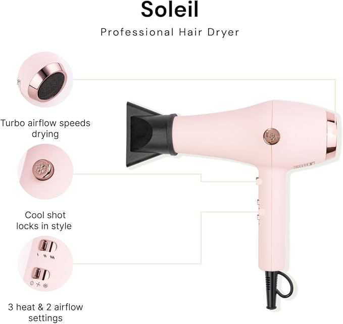 L'ANGE HAIR Soleil Professional Hair Dryer | 3 Heat Settings & 2 Airflow Settings | Cool Shot Locks-in Style | Professional Length Cord | Best Lightweight Hair for Smooth Blowouts (Blush)