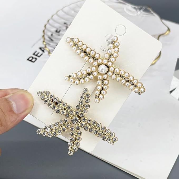 2 Pcs Starfish Hair Clips Mermaid Costume Rhinestone Hair Clips Beach Ocean Hair Accessories Women and Girls (Silver)
