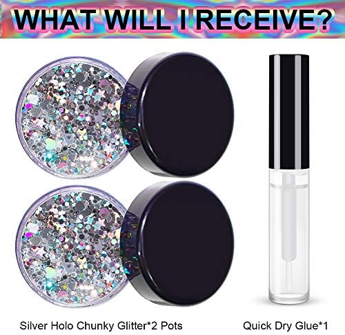 Silver Holographic Chunky Glitter Cosmetic Body Hair Face Eye Nail for Festival Carnival Concert Party Beauty Rave Accessories Different Sizes&Shapes 2 Pots 14g/0.5oz+ Quick Dry Primer Glue Gel