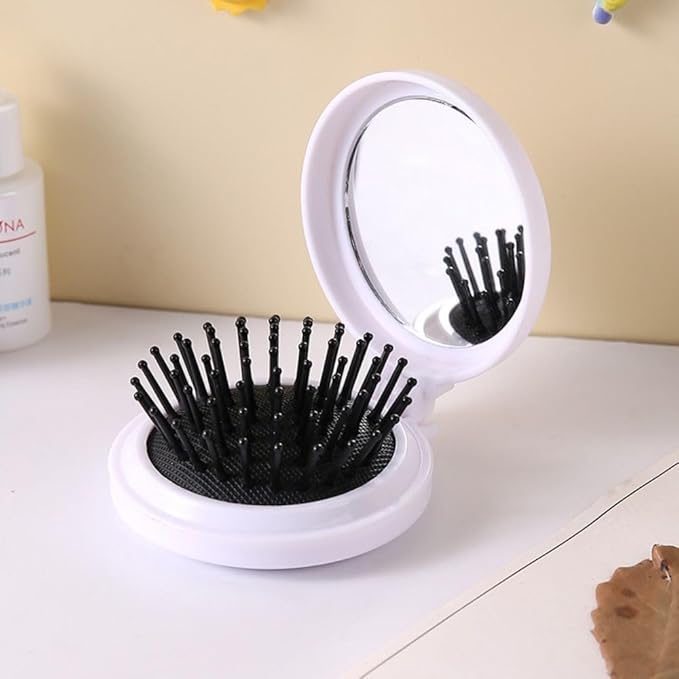 2Pcs Black and Pink Folding Travel Hair Brush with Mirror, Round Portable Folding Pocket Hair Brush Mini Hair Massage Compact Mirror with Comb Travel Size for Men Women Styling Tools and Appliances