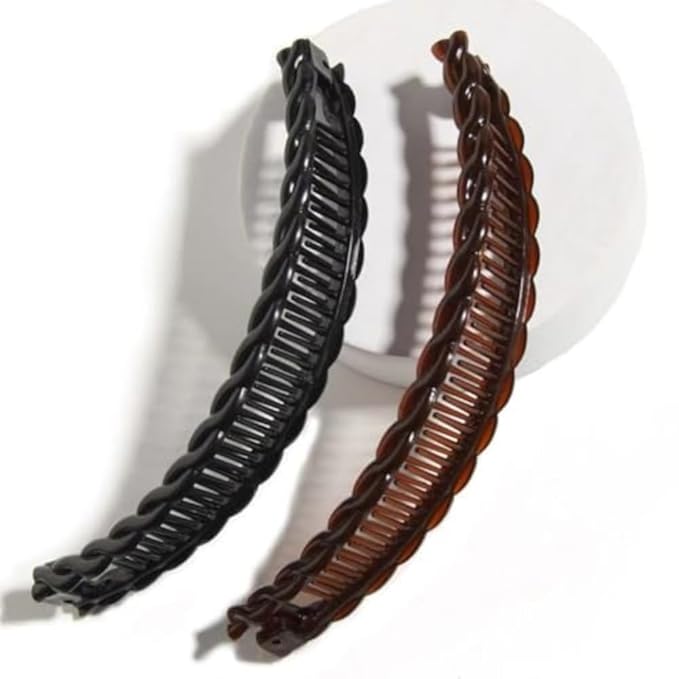 2Pcs Banana Hair Clips for Thick Curly Hair - Black and Brown Tortoise Clips, Vintage Clincher Combs for Women, Girls - Non-Slip Fish Grip Slides, 80s Retro Hair Accessories