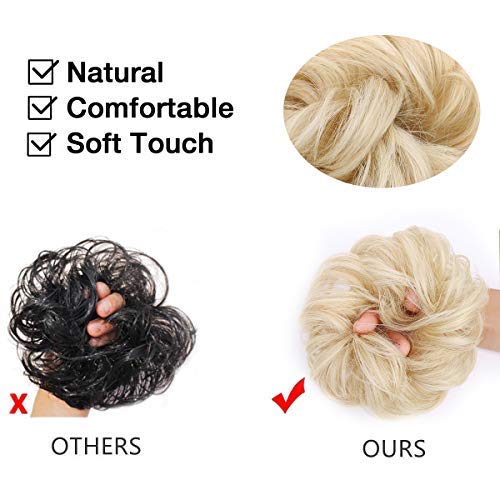 MORICA 1PCS Messy Hair Bun Hair Scrunchies Extension Curly Wavy Messy Bun Synthetic Chignon Hairpieces for Women(24/613#(Pale Ash Blonde Mix Bleach Blonde))