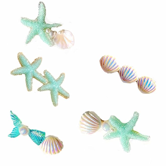 5 Pcs Starfish Seashell Hair Clips Mermaid Costume Pearl Beach Ocean Hair Accessories Women and Girls (Green)