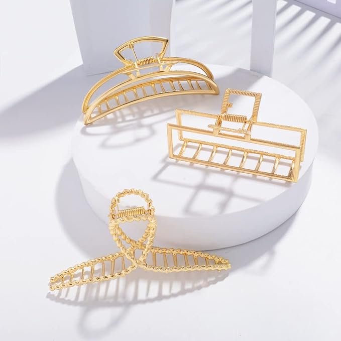 3 Pack Large Metal Gold Hair Claws for Women, Moon Cross Square Geometric Jaw Clips Barrettes for Thick Thin Hair, No Slip Claw Clip Clamp Grips Hair Accessories Hair Styling Gifts