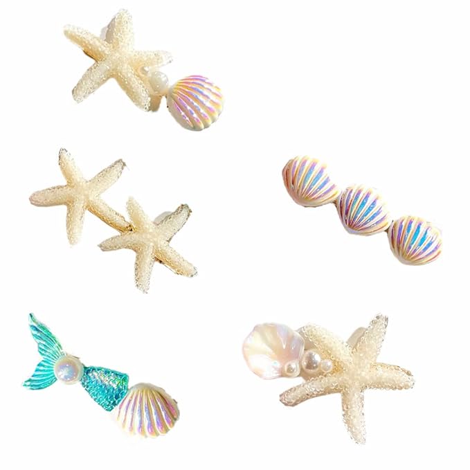 5 Pcs Starfish Seashell Hair Clips Mermaid Costume Pearl Beach Ocean Hair Accessories Women and Girls (Off-white)