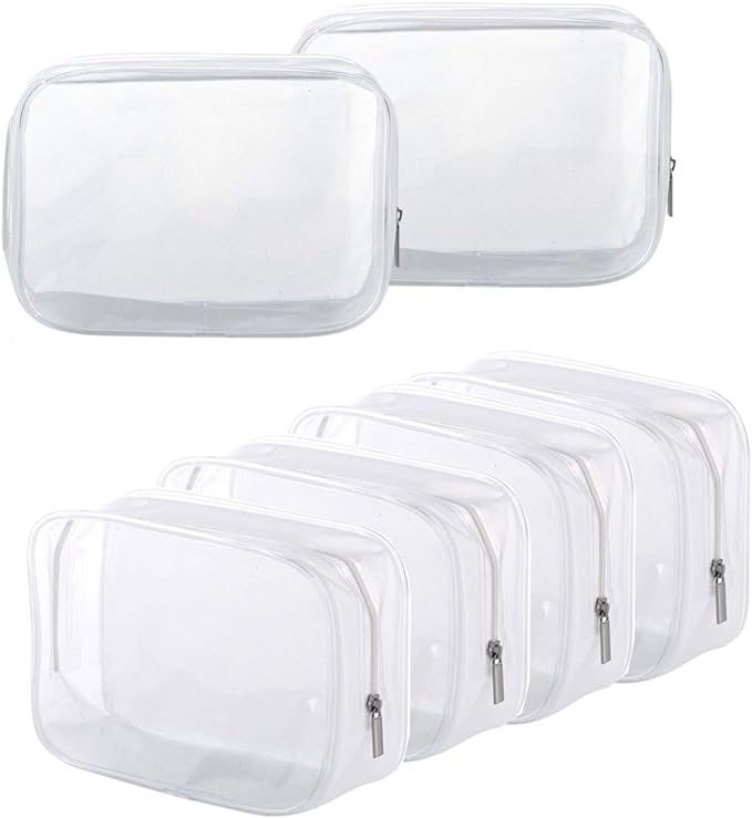 6 Pack Clear Toiletry Carry Pouch with Zipper Portable Plastic Waterproof Cosmetic Bag TSA Approved for Vacation Travel Bathroom and Organizing (White, Small)