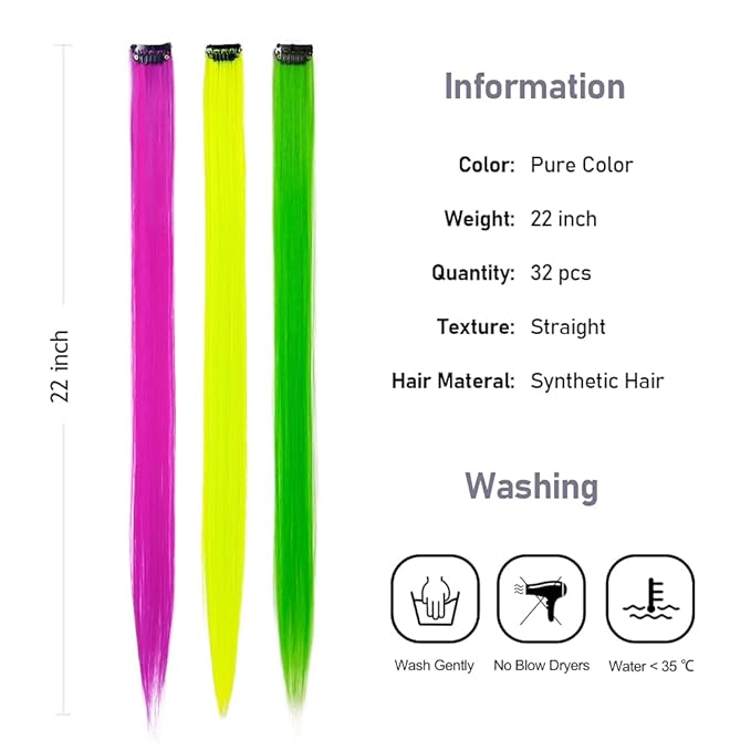 32Packs Colored Hair Extensions 20Inch Straight Color Clip in on Hair Extension Rainbow Party Highlights Synthetic Hairpiece for Girls (16 colors)