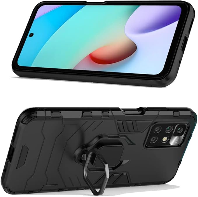 Ytaland for Xiaomi Redmi 10 Case,with 2 x Tempered Glass Screen Protector. (3 in 1) Shockproof Bumper Defender Protective Phone Cover with Ring Kickstand (Black)